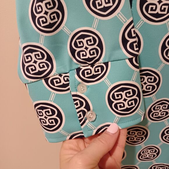 Lulu B Teal Blue Geometric V-Neck Long Sleeve Button Front Top Large Colorful - Picture 3 of 8